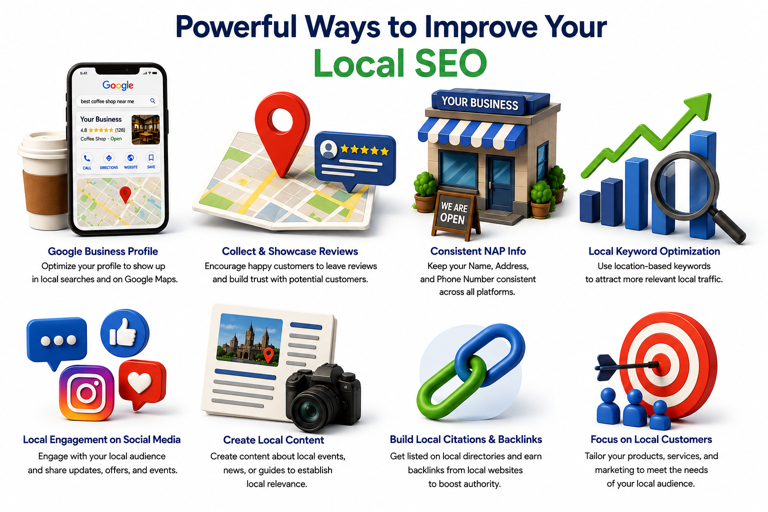Local SEO strategies showing Google Business Profile, reviews, and keyword optimization