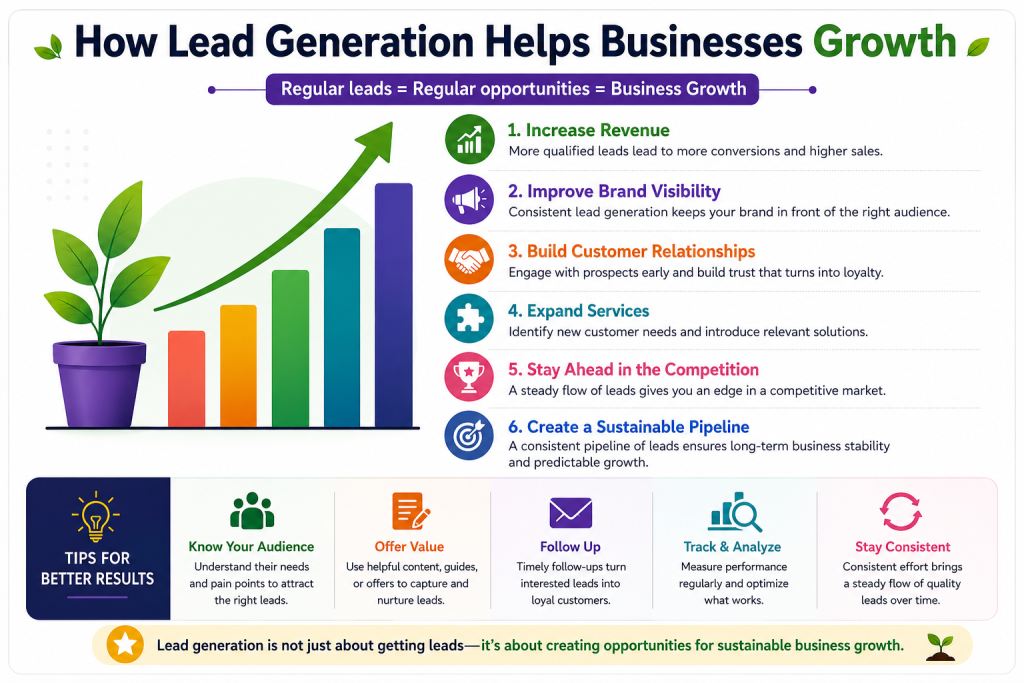 Lead generation infographic showing how businesses grow through quality leads n customer